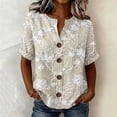 thumbnail image 2 of Oversized Tshirts for Women 3/4 Sleeve Top Print Blouse V Neck Button Down Short Sleeve Casual Loose Fit Beige Summer Tops for Women, 2 of 4