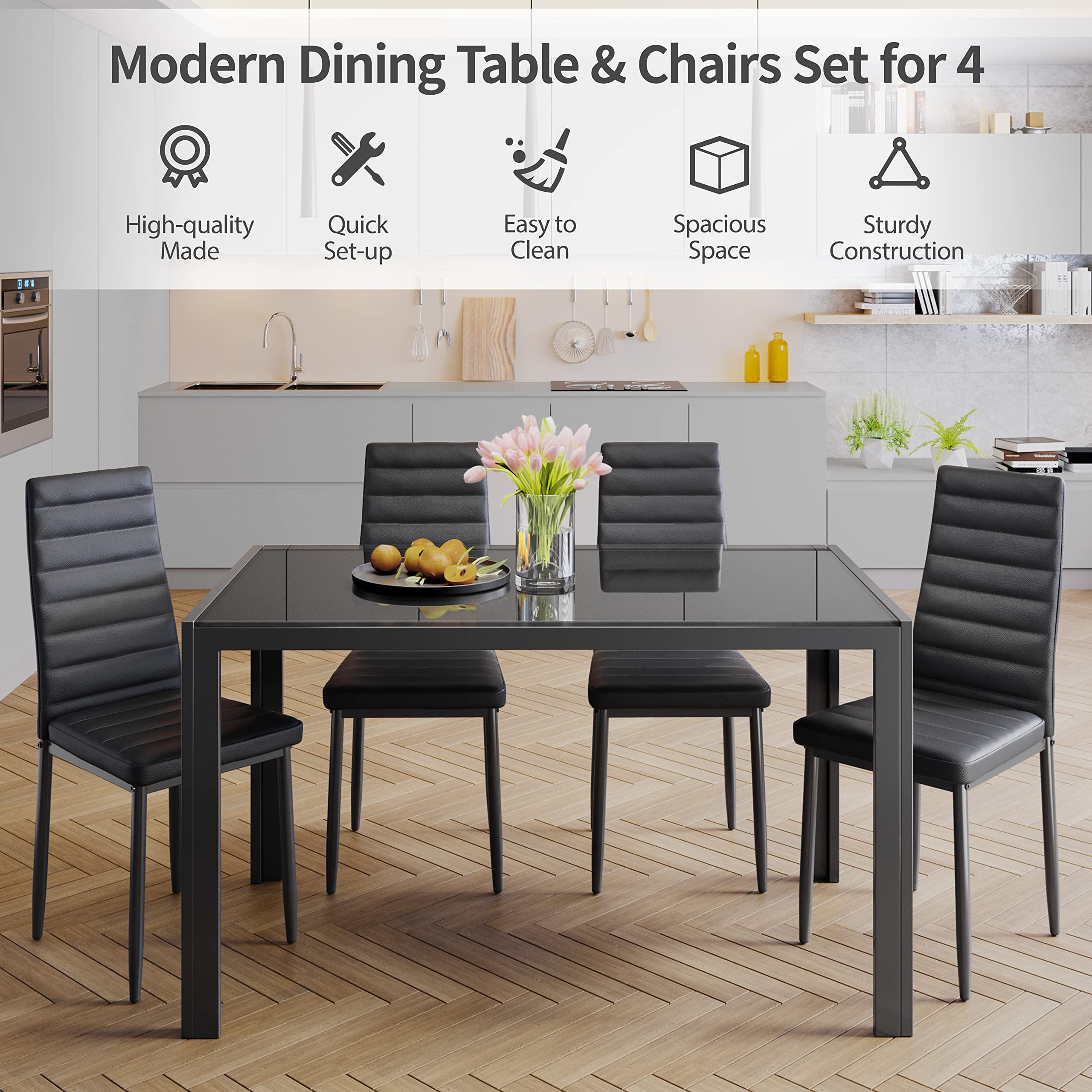 Lofka Glass Dining Table Set for 4, Dining Room Sets with 4 Back Support Chairs for Dinner, Black