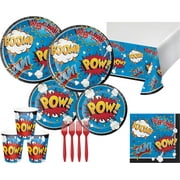 Superhero Party Supplies Bundle with Lunch Plates, Cake Plates, Napkins, Cups, Table Cover, and Forks for 16 Guests