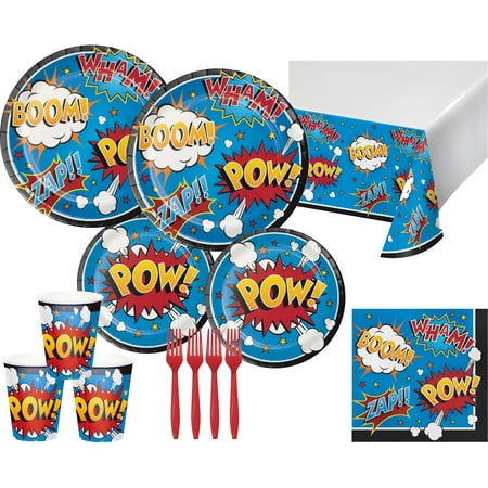 Superhero Party Supplies Bundle with Lunch Plates, Cake Plates, Napkins, Cups, Table Cover, and Forks for 16 Guests