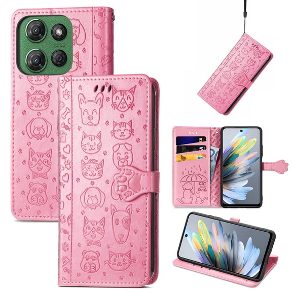 for Moto G Power (2025) Cartoon Cute Wallet Case, Cat Dog Style Flip with ID Card Holder Premium PU Leather Cases with Wrist Strap, Magnetic Closure Folio Kickstand Cover, Pink