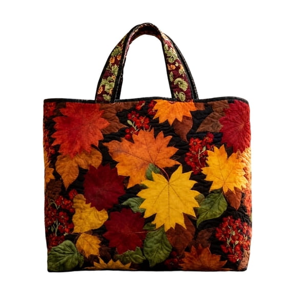 Halloween Maple Leaf Print Quilted Tote Bag,Fall Thanksgiving Shoulder Handbag,Autumn Harvest Wide Handle Large Capacity Bag,Halloween Party Daily Commuting Tote,Fall Season Holiday Shopping Handbag