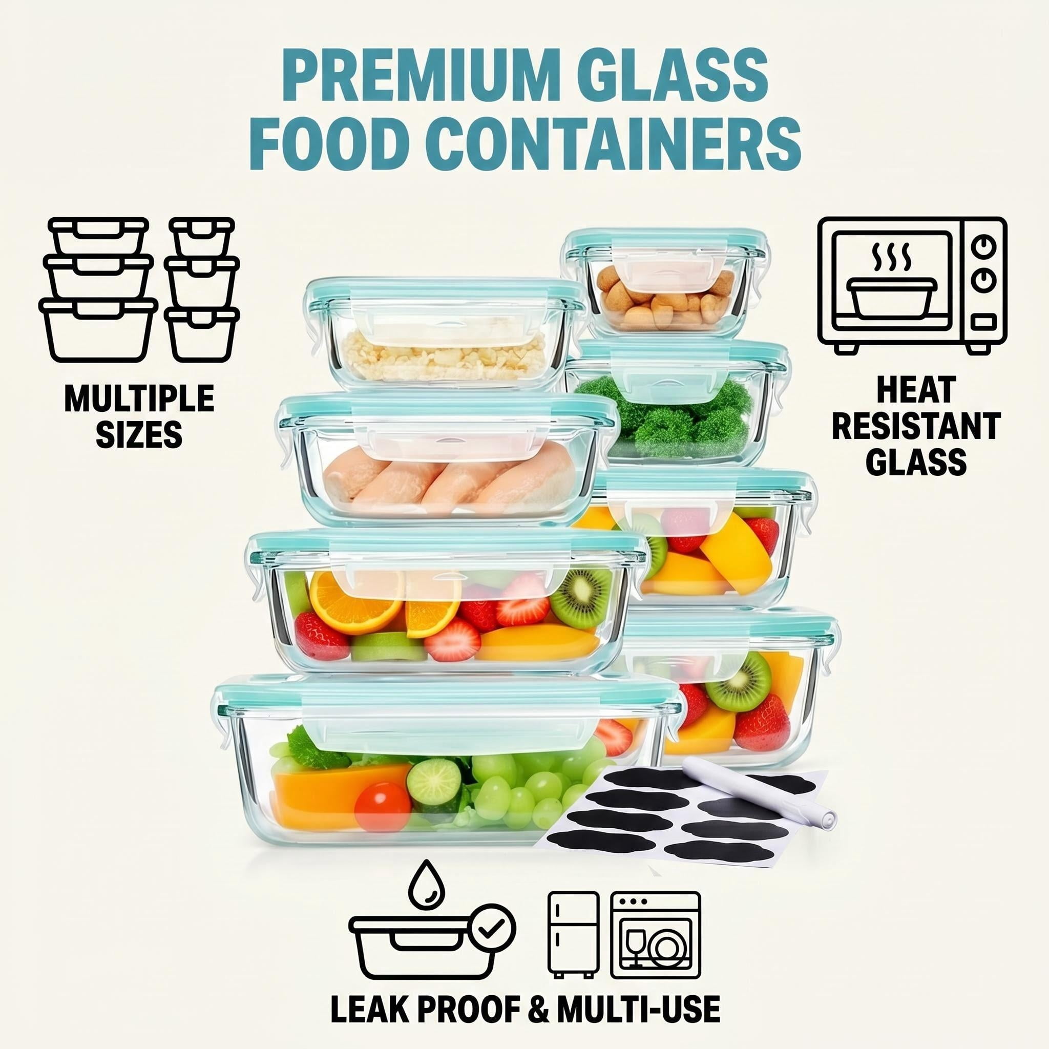 8 Pack Glass Food Storage Containers, Meal Prep, Airtight Bento Boxes with Leak Proof Locking Lids, for Microwave, Lunch Boxes, Oven, Freezer And Dishwasher, BPA Free with free labels&marker pen