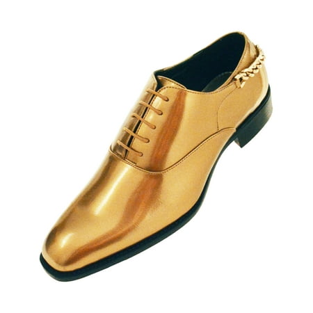 Bolano Mens Smooth Shiny Patent Plain Toe Oxford Dress Shoe with Gold Heel Chain Available in Gold, Turquoise, Royal, Fuschia, White, Red, &