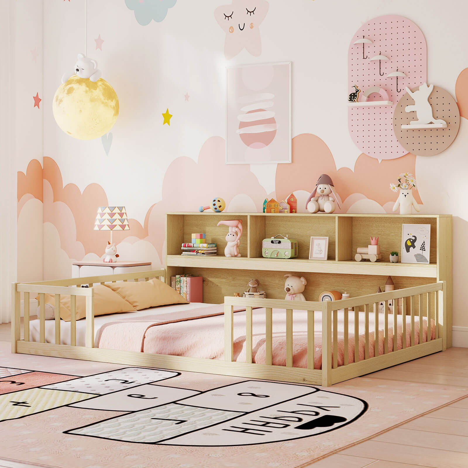 Costway Full Size Montessori Floor Bed with Bookcase Storage Shelves & Safety Fence Rails Natural