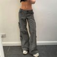 thumbnail image 2 of Street retro style irregular large pocket wide belt jeans straight casual pants-grey-M, 2 of 7