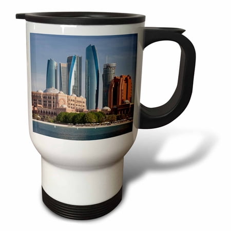 3drose, Uae, Abu Dhabi. Etihad Towers and Emirates Palace Hotel, 14oz Stainless Steel Travel Mug