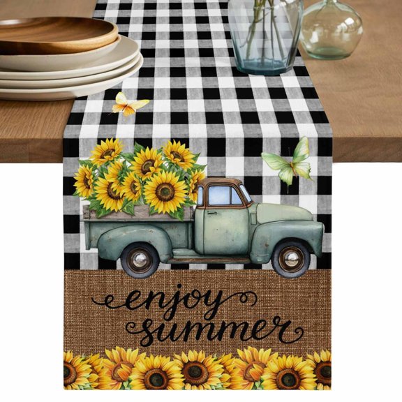 Sunflowers Truck Table Runner 72 Inches, Botanical Budding Floral Butterfly Plaid Bed Runner Dresser Scarves Tabletop for Indoor Outdoor Parties/Ceremony/Banquet, 13" x 72"