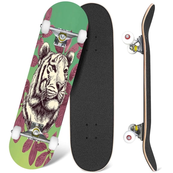 31'' Complete Skateboard 7 Layer Canadian Maple Double Kick Deck Skateboards Green Tiger Tropical Leaves Colourful Skate Board for Beginner Adult Gifts