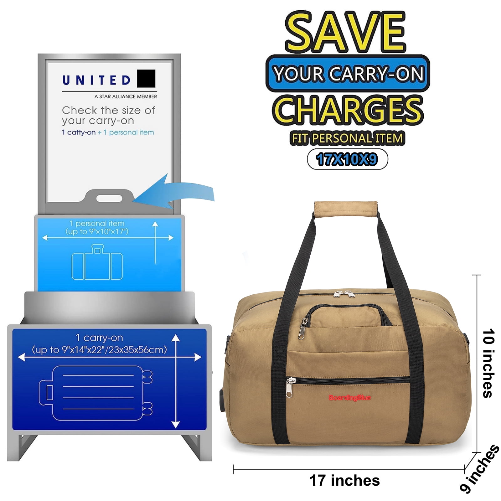 17" Personal Item Underseat Duffel Bag W Pillow for United Airlines (Beige)