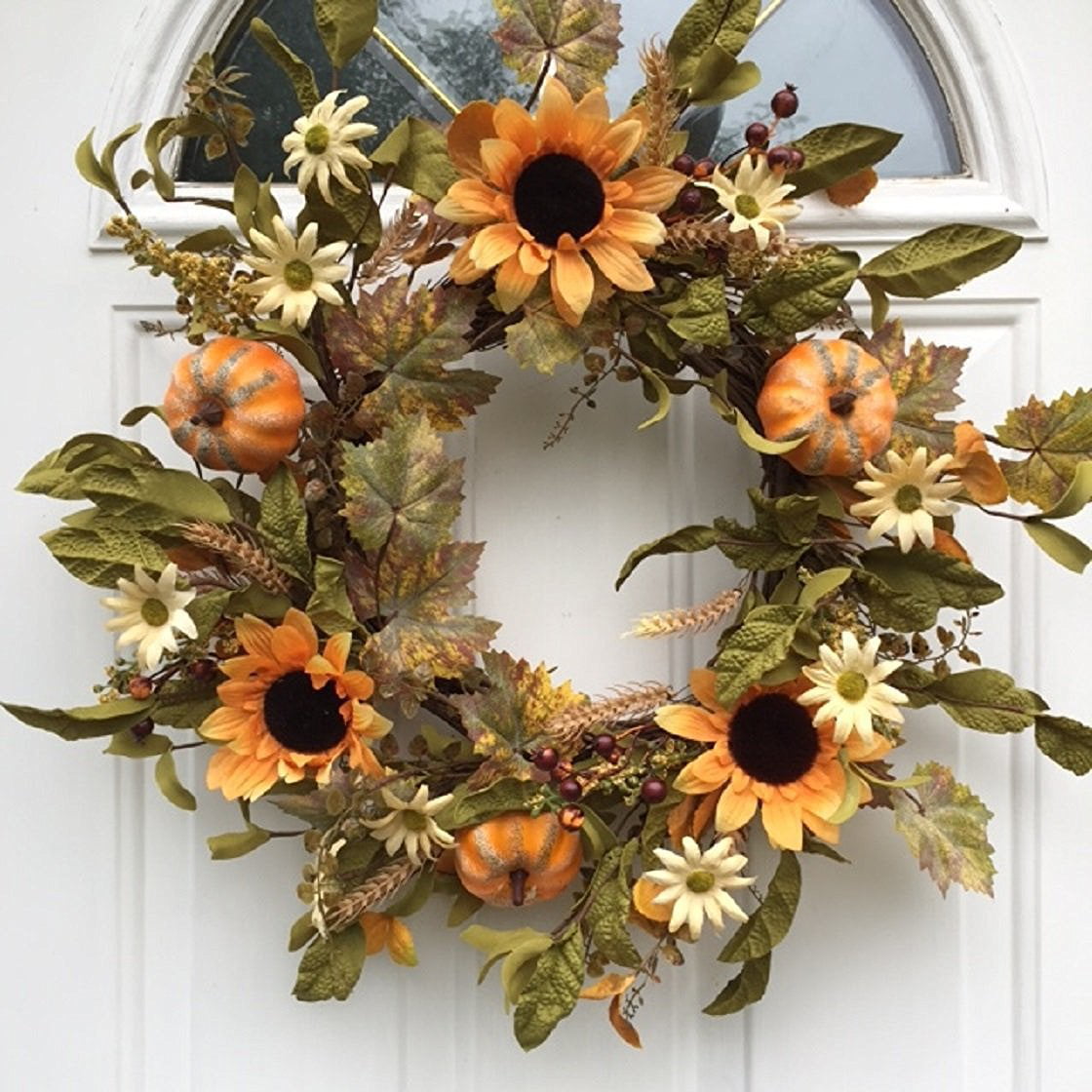 Bibelot 20 inches Fall Wreath Berry Pumpkin Sunflower Daisy Chrysanthemum Flowers Wreath for Front Door Window Autumn Outdoor Indoor Home Decor… 
