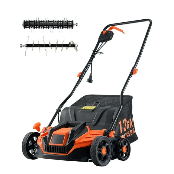 VEVOR 2-in-1 Electric Dethatcher and Scarifier, 13-Inch 13 Amp, Corded Lawn Dethatcher with 13-Gallon Thatch Collection Bag, 5-Position Depth Adjustment, Walk Behind Machine for Garden Yard Grass