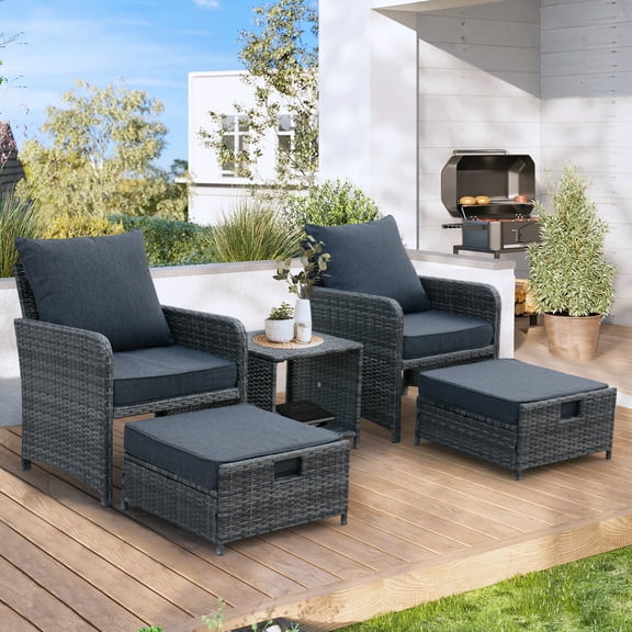 5 Pieces Wicker Outdoor Patio Chairs Set with Ottoman, All Weather PE Rattan Patio Conversation Furniture Set Outdoor Furniture Set with Hidden Ottoman for Poolside Garden Balcony, Blue