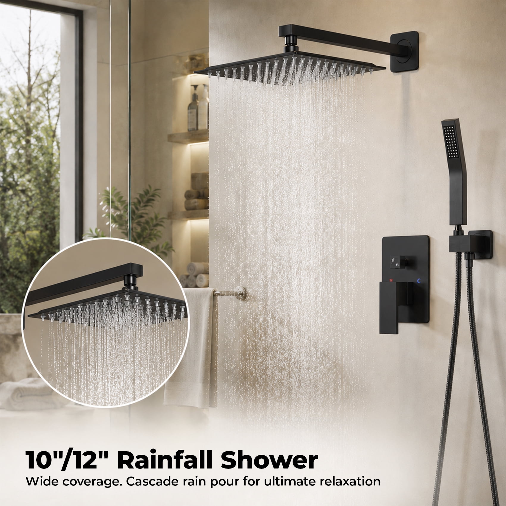 Alvantor Wall-Mounted Shower Faucet Set, 10/12 Inch Square Overhead Spray and Handheld Shower Head with Pressure Balance and Temperature Control Valve