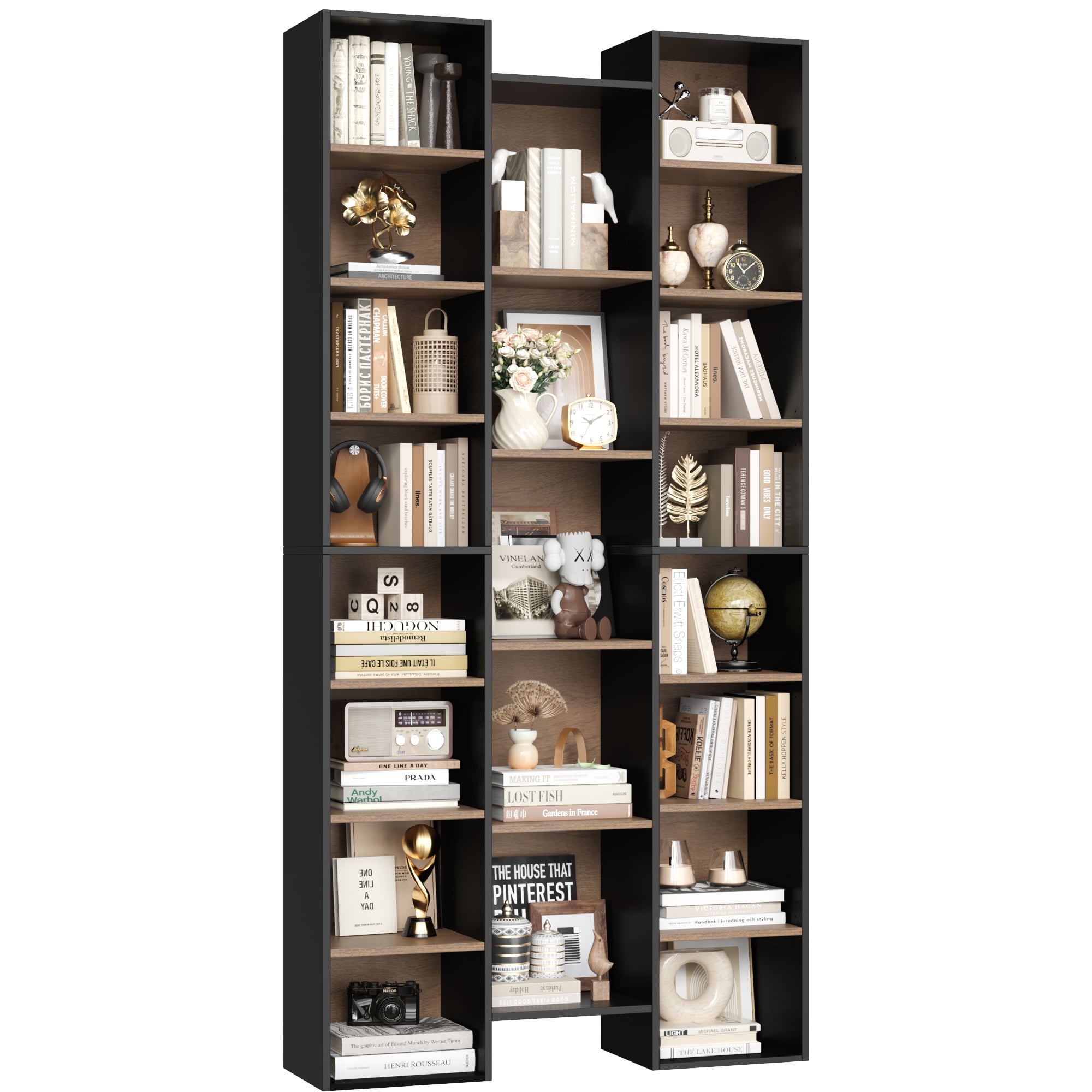 Homfa 2 Pieces Bookshelves, 71’’ Tall Three Row Bookshelf with Adjustable Shelves, 21-Cubes CD Display Storage Organizer Shelf for Living Room Home Office, Black+Brown