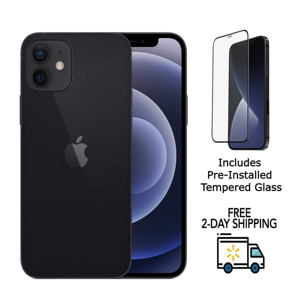 Refurbished Apple iPhone 12 A2172 (Fully Unlocked) 128GB Black (Grade C) w/ Pre-Installed Tempered Glass