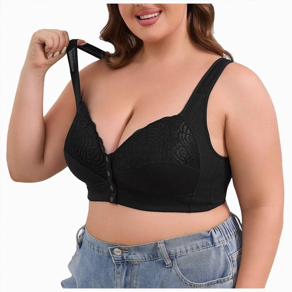 felwors Women Plus Size Front Closure Lace Seamless Bras Full Coverage Comfort Support Bralette Everyday Bra No Underwire (Black, 46F)