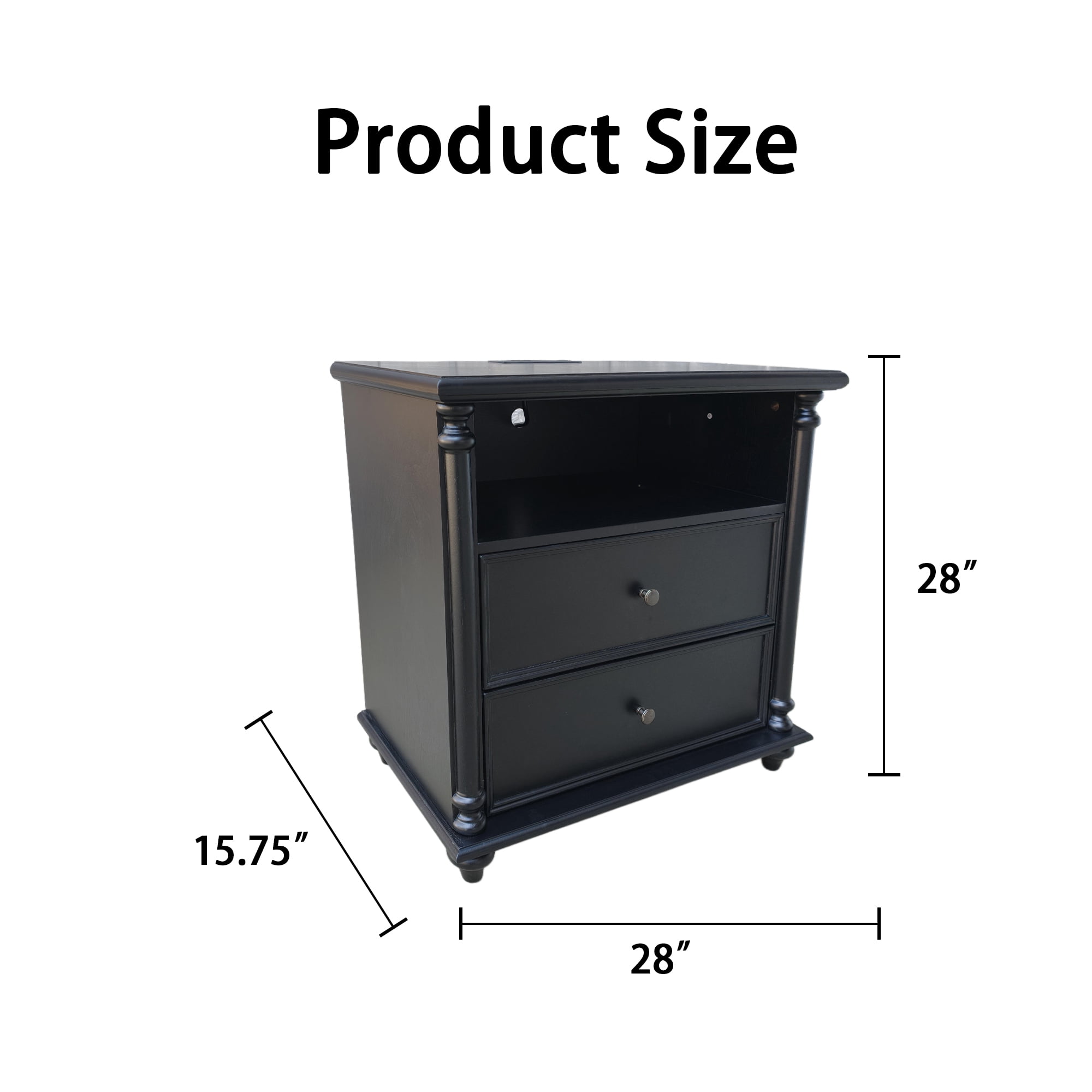 Nightstand 28-Inch with Built-in Charging Station and Solid Wood Legs, Bedside Table and End Table with USB Ports and Outlets for Bedroom, Black