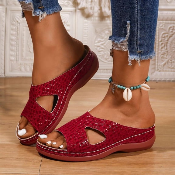 Bxsruta Snake-Embossed Slip-On Sandals with Cut-Out Details, Thick Wedge Beach Slippers for Women's Leisure Outings