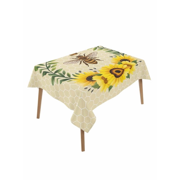 Bees Rectangle Tablecloth, Sunflowers Summer Watercolor Floral Leaf Palnt Honey Waterproof & StainResistant Tablecloth, Washable Oil-proof Table Cover for Dining/Party/Wedding/Camping/Buffet 52x70 In