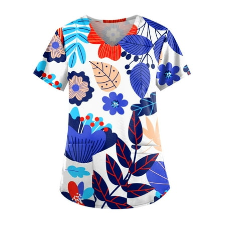 

Yubatuo Independence Day Women Plus Size Scrubs Top with Pockets V-Neck Short Sleeve Printed Work Blouse for Women Blue XL