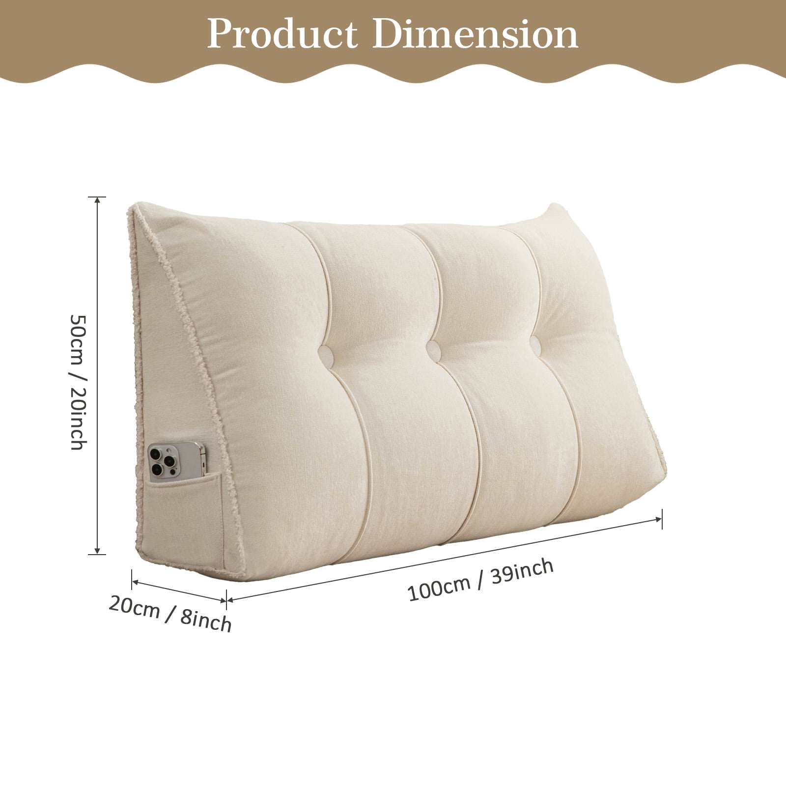 Desirable Life Triangular Headboard Pillow with Side Pockets, Chenille Fabric, Bed Rest Reading Pillow, Removable & Washable Cover, Contrasting-Color Fabric Piping, Daybed Wedge Pillow for Twin Beds