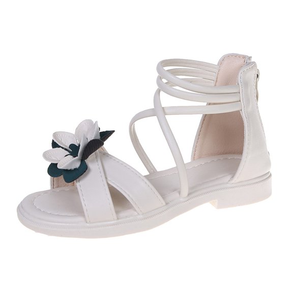 Splozh Kids Sandals Girls Floral Sandals Summer Flat Open Toe Flower Girl Shoes with Heel for Little/Big Kids White,US 9.5