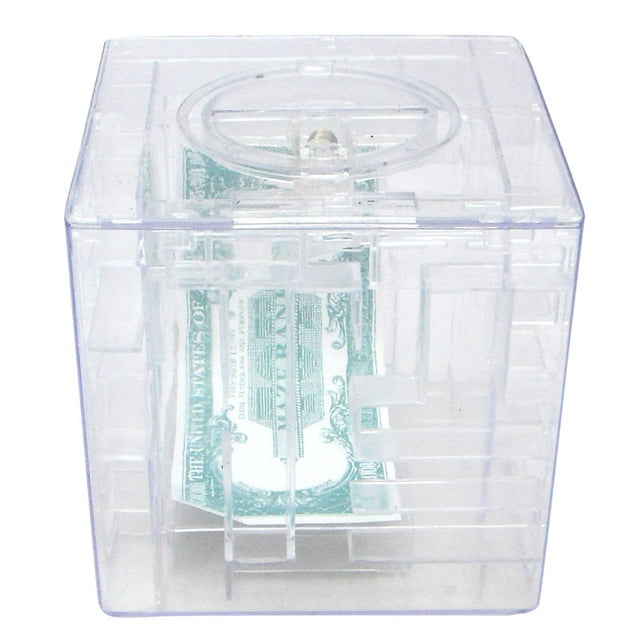 Banco de monedas Maze Puzzle transparente de 9 x 9 x 9 cm para niños