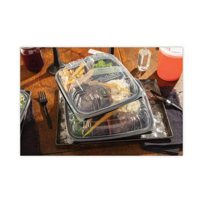 EarthChoice Vented Dual Color Microwavable Hinged Lid Container, 3-Comp Base/Lid, 34 oz, 10.5x9.5x3, Blk/Clr, Plastic, 132/CT EarthChoice Vented Dual Color Microwavable Hinged Lid Container, 3-Comp Base/Lid, 34 oz, 10.5x9.5x3, Blk/Clr, Plastic, 132/CT