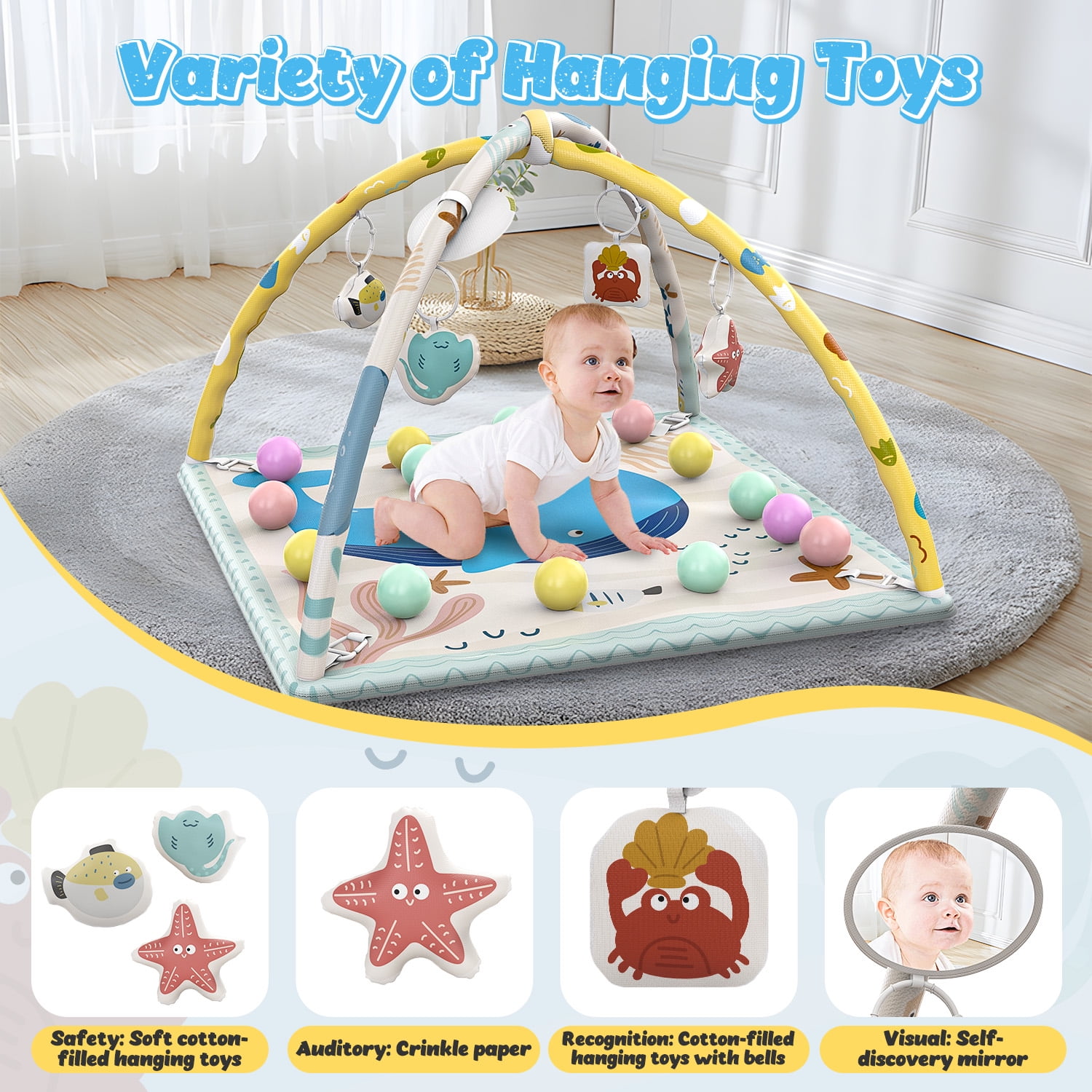 WonderStone 5-in-1 Baby Gym & Play Mat, Tummy Time Toys with Sensory Toys & 18 Balls for Newborns and Infants 0-12 Months, Whale