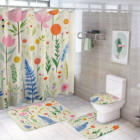 Colorful Floral Pattern Shower Curtain Set Modern Bathroom Decor Mats 4pcs Fabric Bathroom Curtain Slip Floor Rug Toilet Lid