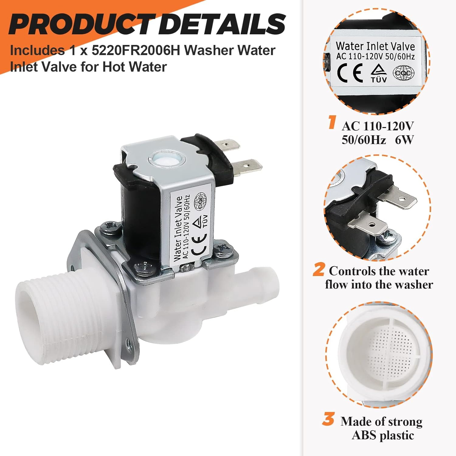 5220FR2006H Washer Hot Water Inlet Valve Replacement Parts AC 110 120V Compatible with LG Kenmore Elite AP4441935