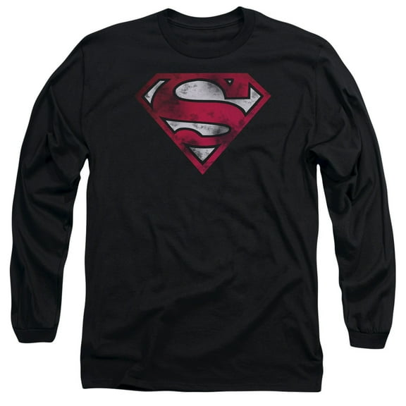 Superman War Torn Shield Long Sleeve Adult 18/1 T-Shirt Black