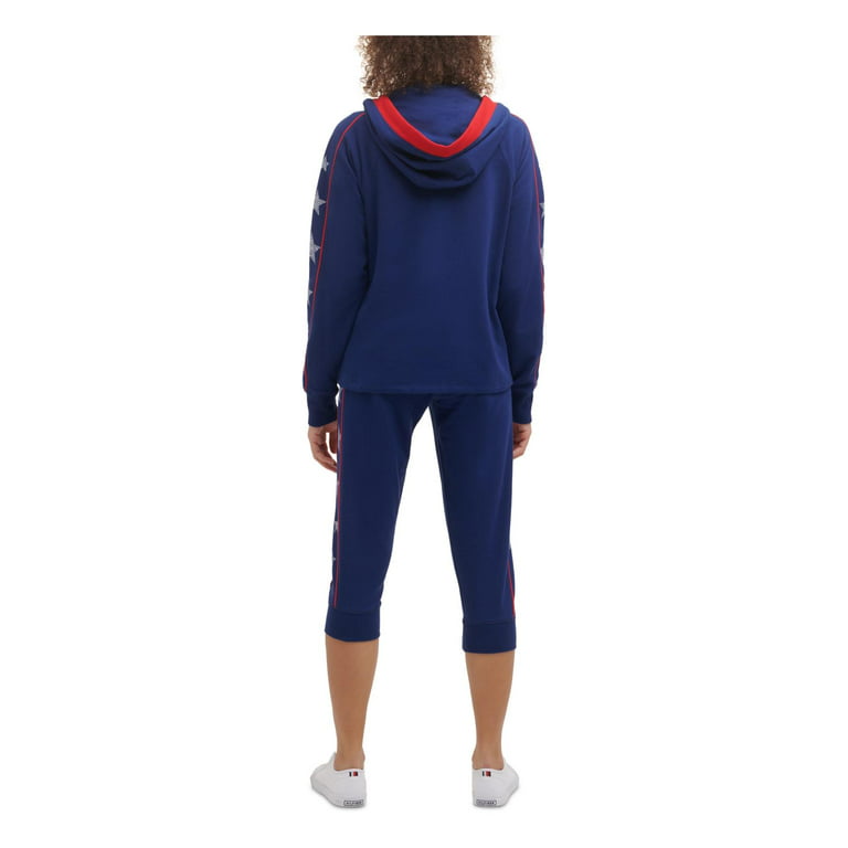 Sweater TOMMY Blue S Long Zippered Sleeve Pocketed Logo Graphic HILFIGER Drawstring SPORT Stretch Womens Hoodie Boxy-fit
