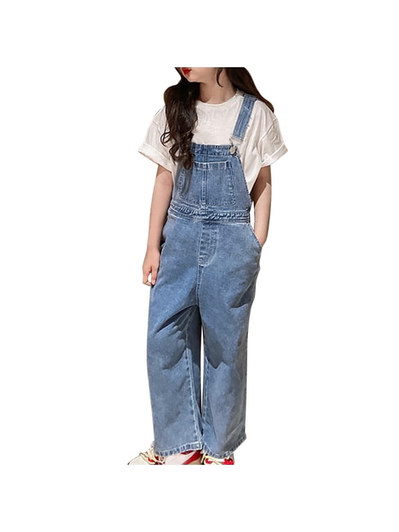 Youth Denim Bib Overalls Girls Y2K Baggy Wide Leg Jean Jumpsuits Boys Dungarees Long Pants Streetwear Adjustable Strap Romper