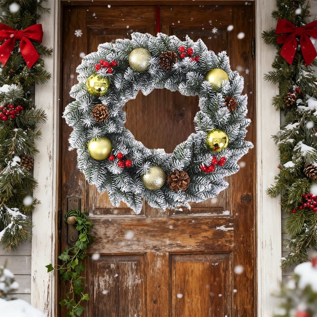 ZZkhGO Couronne de Noël 30cm, Guirlande Artificielle avec Baies Rouges, Fausses Plantes Vertes pour Décoration de Porte et Fenêtre