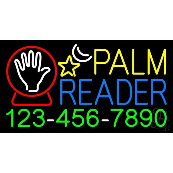 Palm Reader with Phone Number LED Neon Sign 13" Tall x 24" Wide - inches Black Square Cut Acrylic Backing, with Dimmer - Bright and Premium built indoor LED Neon Sign for Storefront.