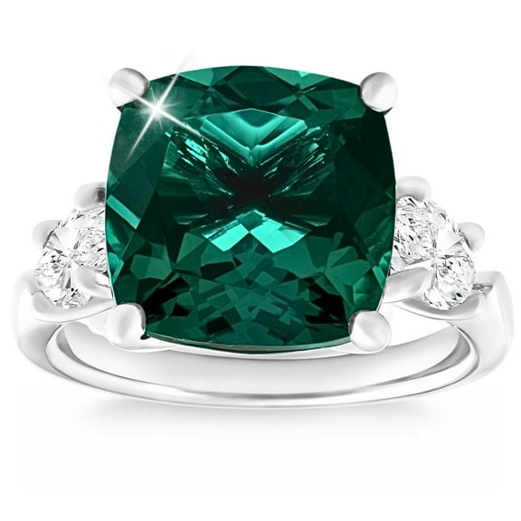 Pompeii 7.55Ct Green Cushion Emerald & Marquise Three Stone Ring 14k Gold lab Grown
