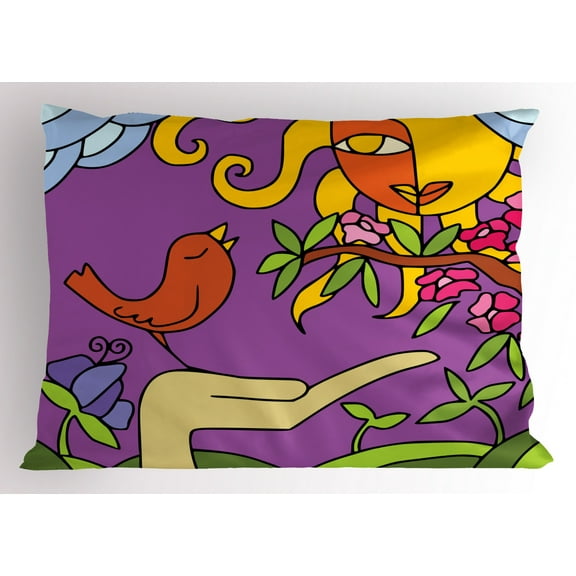 Surreal Pillow Sham Abstract Design of Sun with a Face of a Young Lady and a Tweeting Bird in Spring, Decorative Standard Queen Size Printed Pillowcase, 30 X 20 Inches, Multicolor, by Ambesonne