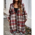 thumbnail image 2 of Defitshape Women's Flannel Shirt Jacket Long Full Zip Shacket Hooded Long Sleeve Spring Fall Top Vintage Travel Casual Oversized Baggy Shacket Red Large, 2 of 5