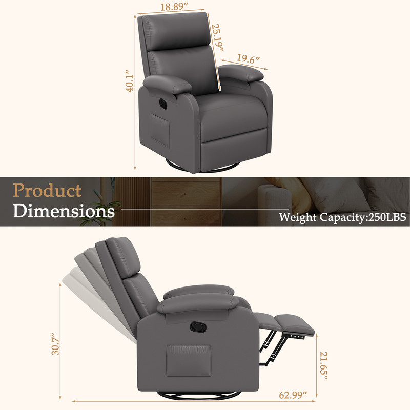 Homall 360° Massage Swivel Rocker Recliner Small Rocking PU Leather Chairs with Side Pockets for Small Spaces,Gray