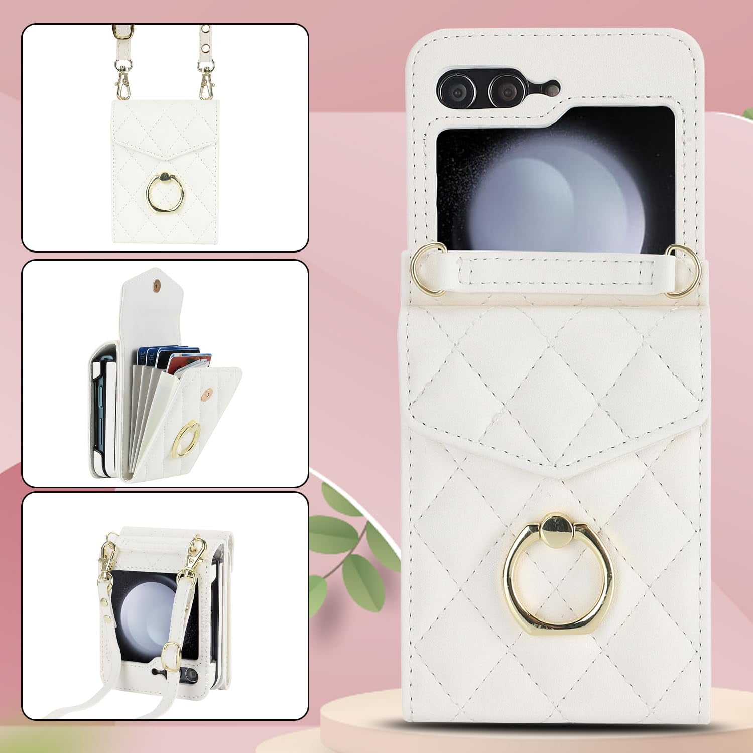 Phone Case for Samsung Galaxy Z Flip 5 5G 2023 Wallet Cover with RFID Blocking Ring Crossbody Wrist Strap Stand Credit Card Holder Leather Cell ZFlip5 Z5 G Flip5 5Z Women Men Girls Off White