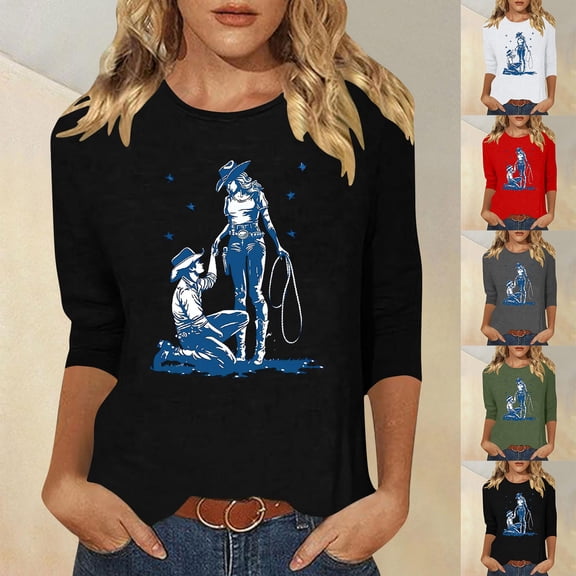 Jsaierl Women's 3/4 Sleeve Tops Summer Crew Neck Shirts Cute Graphic Petite Blouses Going Out Loose Fit Tunic Top S-2XL