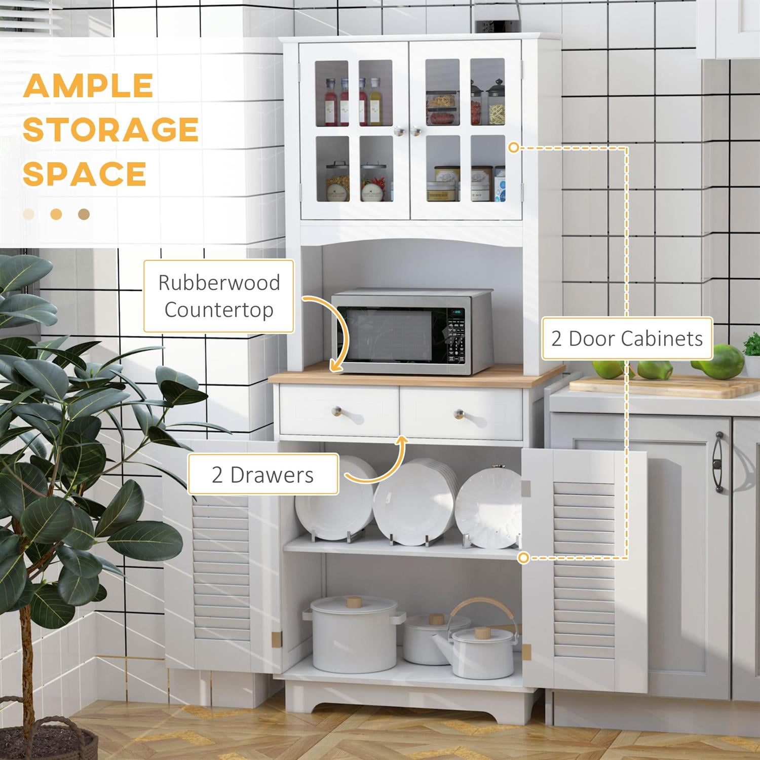 Demi Bonn 67" Modern Buffet with Hutch, Kitchen Pantry Cabinet with Glass Doors & Drawers, Microwave Cabinet, White