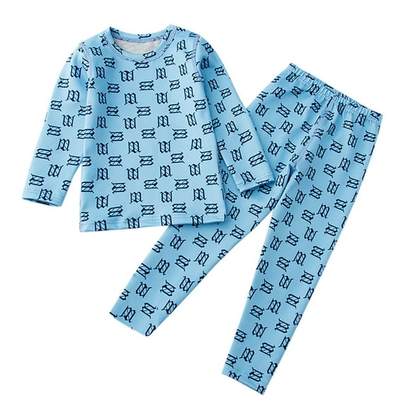 Odeerbi Toddler Boys Girls Plaid Pajama Sets Fall Winter Thermal Underwear Set Kids Cute Warm Pajamas Velvet Long Johns Full Print Base Layer Set Home Loungewear Toddler Clothes Blue