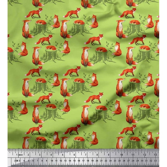 Soimoi Green Poly Georgette Fabric Tree Stump & Fox Animal Print Fabric by Yard 42 Inch Wide