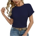 thumbnail image 4 of Camiseta de Cuello Redondo de Color Sólido Casual de la Mujer, Encaje Patchwork Manga Corta Superior para el Uso Diario, 4 of 9