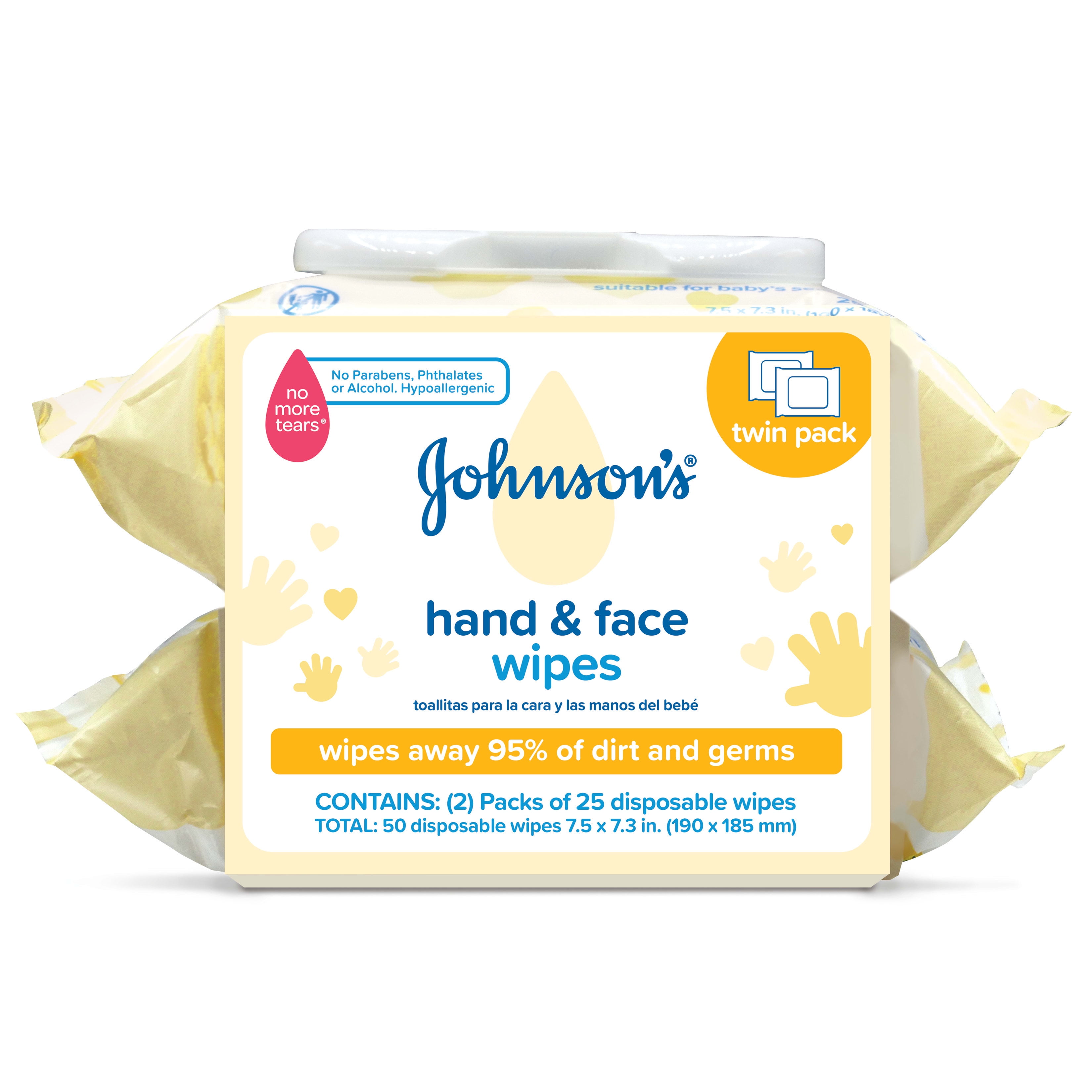 Johnson‘s Hand & Face Baby Cleansing Wipes, 2 Travel Packs of 25 ct