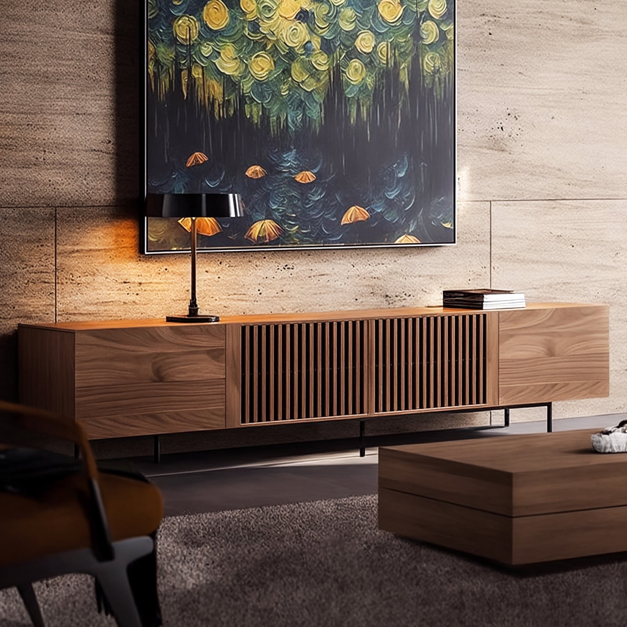 NessCarsti 94.48-Inch TV Stand with 4 Doors & Storage - Mid-Century Modern Walnut Entertainment Center for TVs up to 100", Compatible with Walmart
