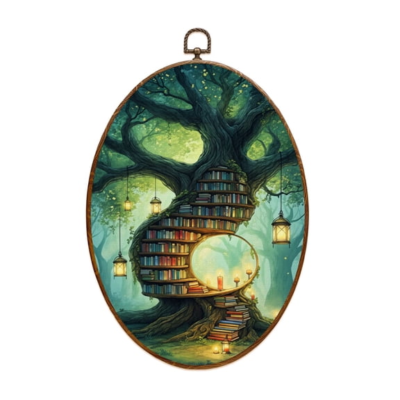 Canvas Wall Art Fantasy Tree Library Nook Warm Watercolor Oval Framed Canvas Prints Vintage Wall Hanging Decor for Home Office Decorations 8.6"x11.4"